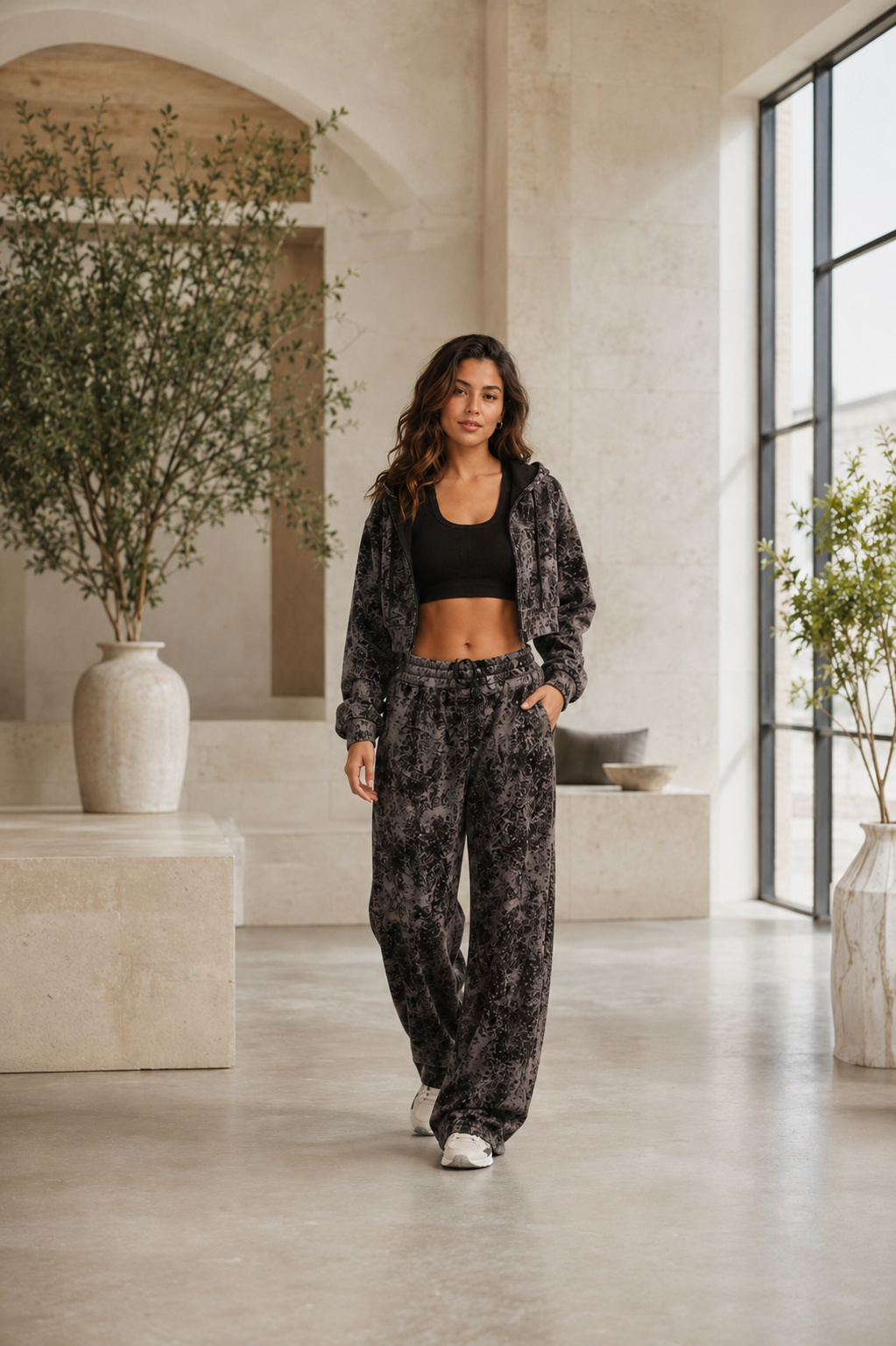 Women’s Printed Zip-Up Hoodie & Wide-Leg Pants Set