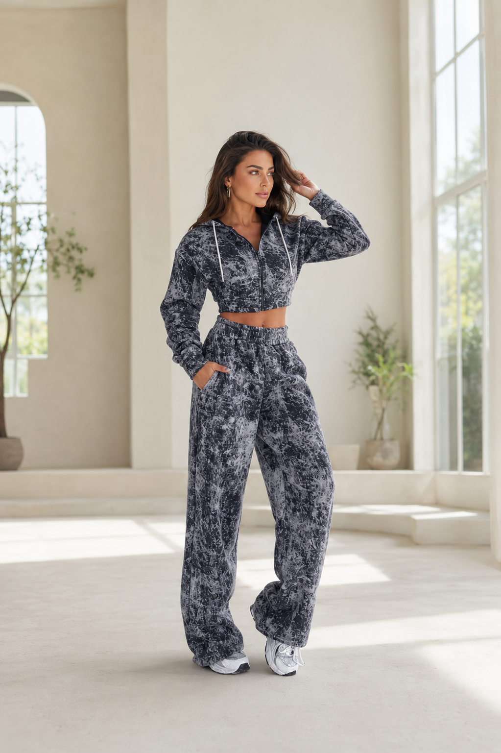 Women’s Printed Zip-Up Hoodie & Wide-Leg Pants Set